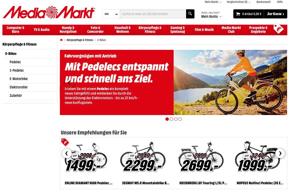 MediaMarkt Online Shop mit E-Bikes und Pedelecs