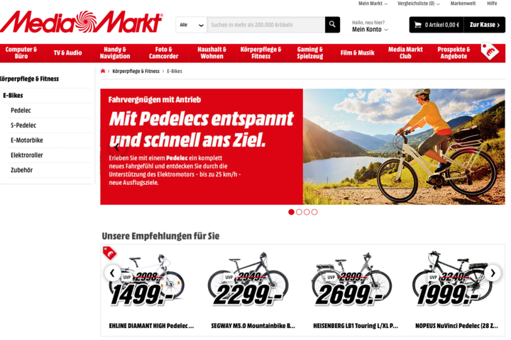 MediaMarkt Online Shop mit E-Bikes und Pedelecs